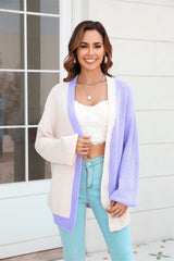 BEAUTIFUL I AM Open Front Contrast Color Balloon Sleeve Cardigan