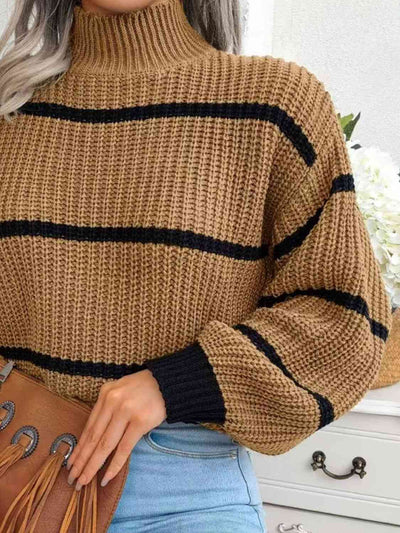 BEAUTIFUL I AM Striped Mock Neck Dropped Shoulder Sweater