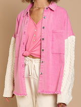 BEAUTIFUL I AM Cable-Knit Raw Hem Denim Jacket