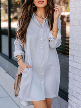 BEAUTIFUL I AM Striped Button Up Collared Neck Long Sleeve Shirt Dress