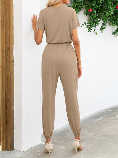 BEAUTIFUL I AM Short Sleeve V-Neck Pants Jumpsuit with Pockets