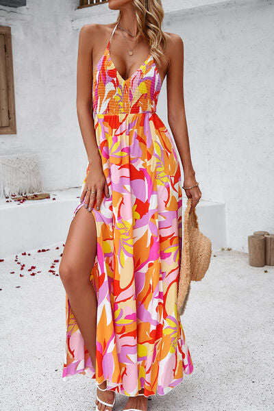 BEAUTIFUL I AM Smocked Slit Tied Printed Dress