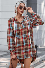 BEAUTIFUL I AM Plaid Drawstring Long Sleeve Hooded Dress with Pocket