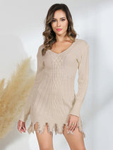 BEAUTIFUL I AM Frayed Hem Long Sleeve Sweater Dress