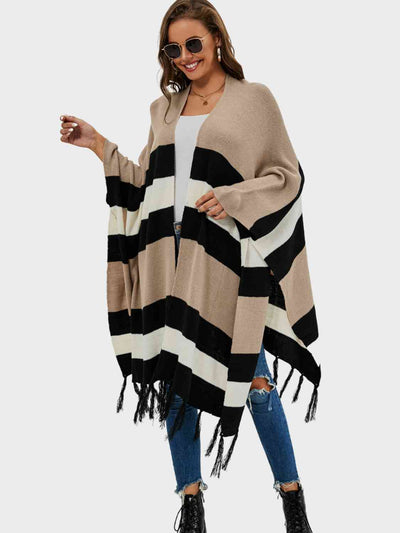 BEAUTIFUL I AM Striped Open Front Fringe Cardigan