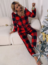 BEAUTIFUL I AM Plaid Zip Front Long Sleeve Hooded Lounge Sleep Wear Jumpsuit