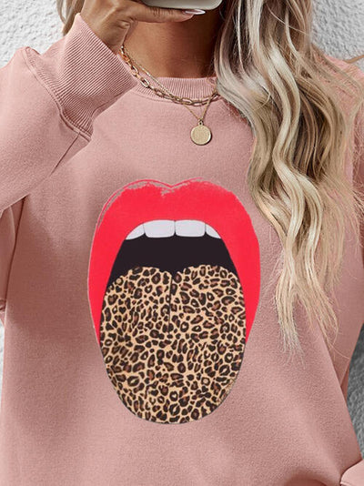 BEAUTIFUL I AM Leopard Lip Graphic Round Neck Sweatshirt