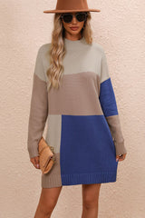 BEAUTIFUL I AM Color Block Mock Neck Dropped Shoulder Sweater Dress