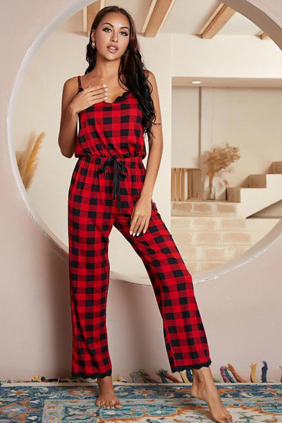 BEAUTIFUL I AM Plaid Lace Trim Spaghetti Strap Jumpsuit Sleep Wear