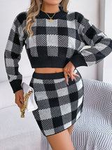 BEAUTIFUL I AM Plaid Round Neck Top and Skirt Sweater Set