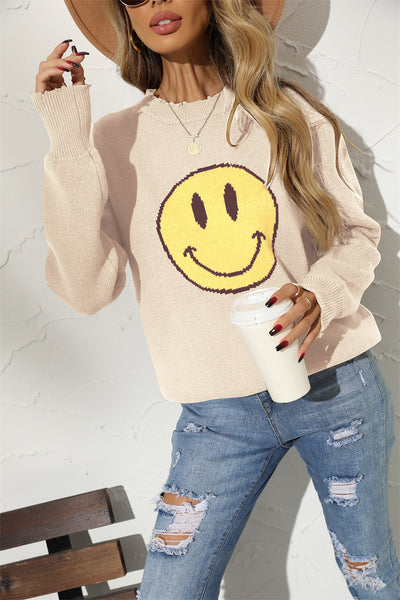 BEAUTIFUL I AM Round Neck Long Sleeve Smily Face Graphic Sweater