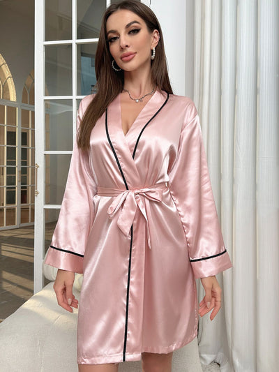 BEAUTIFUL I AM Tie Waist Surplice Neck Robe