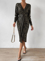 BEAUTIFUL I AM Printed Surplice Long Sleeve Slit Dress