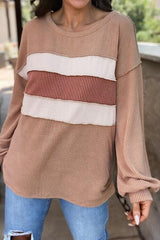 BEAUTIFUL I AM Ribbed Color Block Exposed Seam Round Neck Shirt