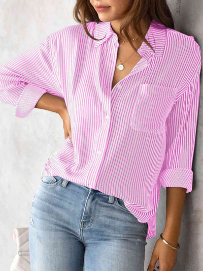 BEAUTIFUL I AM Striped Collared Neck Shirt with Pocket