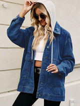 BEAUTIFUL I AM Drawstring Button Down Hooded Denim Jacket