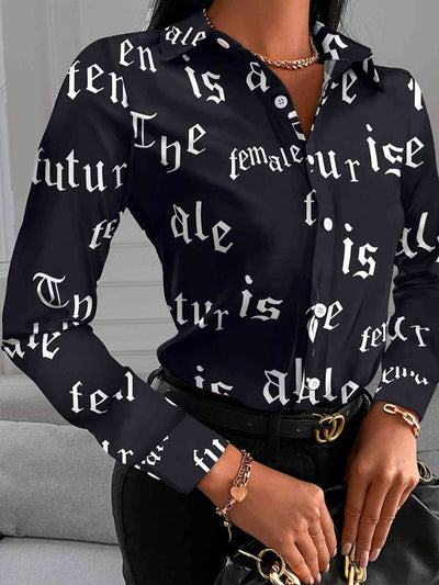 BEAUTIFUL I AM Printed Collared Neck Long Sleeve Shirt