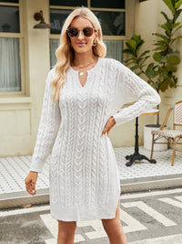 BEAUTIFUL I AM Notched Neck Cable-Knit Slit Sweater Dress