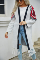 BEAUTIFUL I AM Geometric Fringe Hem Open Front Duster Cardigan