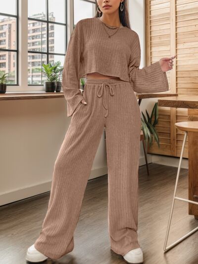 BEAUTIFUL I AM Ribbed Round Neck Top and Drawstring Pants Set