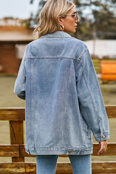 BEAUTIFUL I AM Buttoned Collared Neck Denim Packable Jacket with Pockets