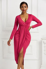 BEAUTIFUL I AM High-low Ruched Surplice Long Sleeve Dress