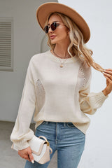 BEAUTIFUL I AM Openwork Round Neck Dropped Shoulder Knit Top Sweater