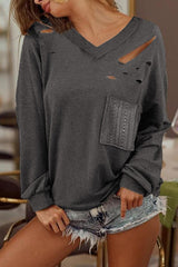 BEAUTIFUL I AM Distressed V-Neck Long Sleeve Shirt With Pockets