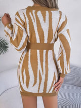 BEAUTIFUL I AM V-Neck Animal Print Long Sleeve Sweater Dress