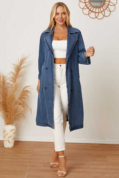 BEAUTIFUL I AM Double-Breasted Belted Longline Denim Jacket