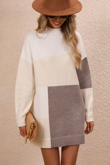 BEAUTIFUL I AM Color Block Mock Neck Dropped Shoulder Sweater Dress