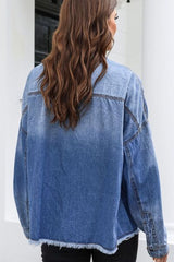 BEAUTIFUL I AM Raw Hem Pocketed Collared Neck Denim Jacket