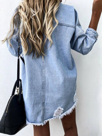 BEAUTIFUL I AM Raw Hem Collared Neck Long Sleeve Denim Jacket