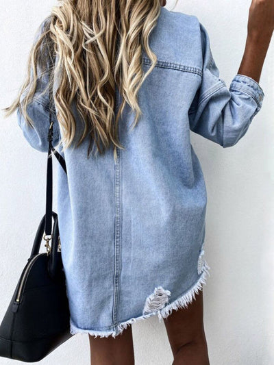 BEAUTIFUL I AM Raw Hem Collared Neck Long Sleeve Denim Jacket