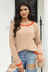 BEAUTIFUL I AM Striped Round Neck Drop Shoulder Shirt