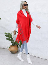 BEAUTIFUL I AM Fringe Trim Buttoned Hooded Poncho