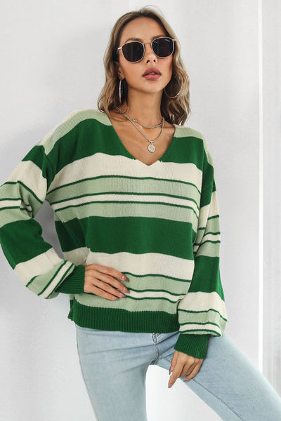 BEAUTIFUL I AM Striped V-Neck Dropped Shoulder Sweater