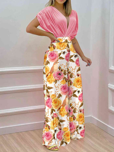 BEAUTIFUL I AM Printed Surplice Top and Wide Leg Pants Set