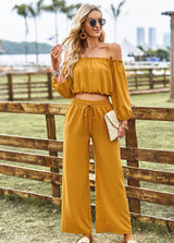 BEAUTIFUL I AM Off-Shoulder Blouse and Drawstring Waist Pants Set