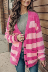 BEAUTIFUL I AM Striped Button Up Fuzzy Cardigan with Pockets