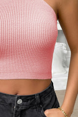 BEAUTIFUL I AM Halter Neck Ribbed Cropped Knit Top Shirt