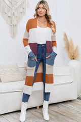 BEAUTIFUL I AM Long Color Block Open Front Pocketed Cardigan