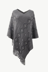 BEAUTIFUL I AM Pearl Trim V-Neck Fringe Hem Poncho