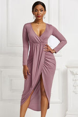 BEAUTIFUL I AM High-low Ruched Surplice Long Sleeve Dress