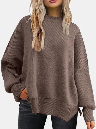 BEAUTIFUL I AM Round Neck Drop Shoulder Slit Sweater