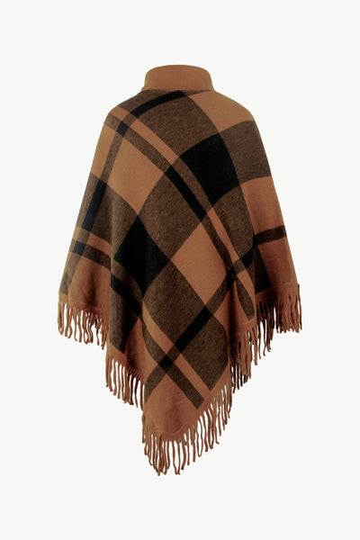 BEAUTIFUL I AM Plaid Turtleneck Fringe Hem Poncho