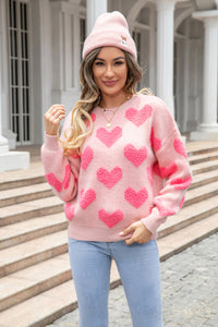 BEAUTIFUL I AM Round Neck Dropped Shoulder Sweater with Heart Pattern