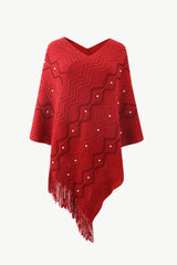 BEAUTIFUL I AM Pearl Trim V-Neck Fringe Hem Poncho