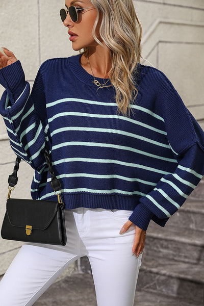 BEAUTIFUL I AM Striped Dropped Shoulder Round Neck Pullover Sweater