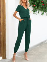 BEAUTIFUL I AM Short Sleeve V-Neck Pants Jumpsuit with Pockets